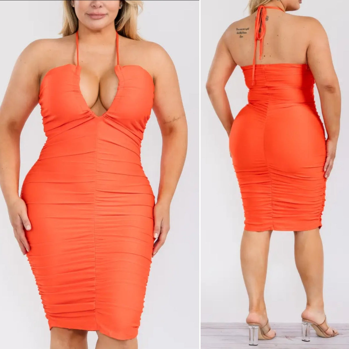 Charisma Flows Fashion orange ruched halter neck midi dress with a plunging neckline on a model, front and back view.