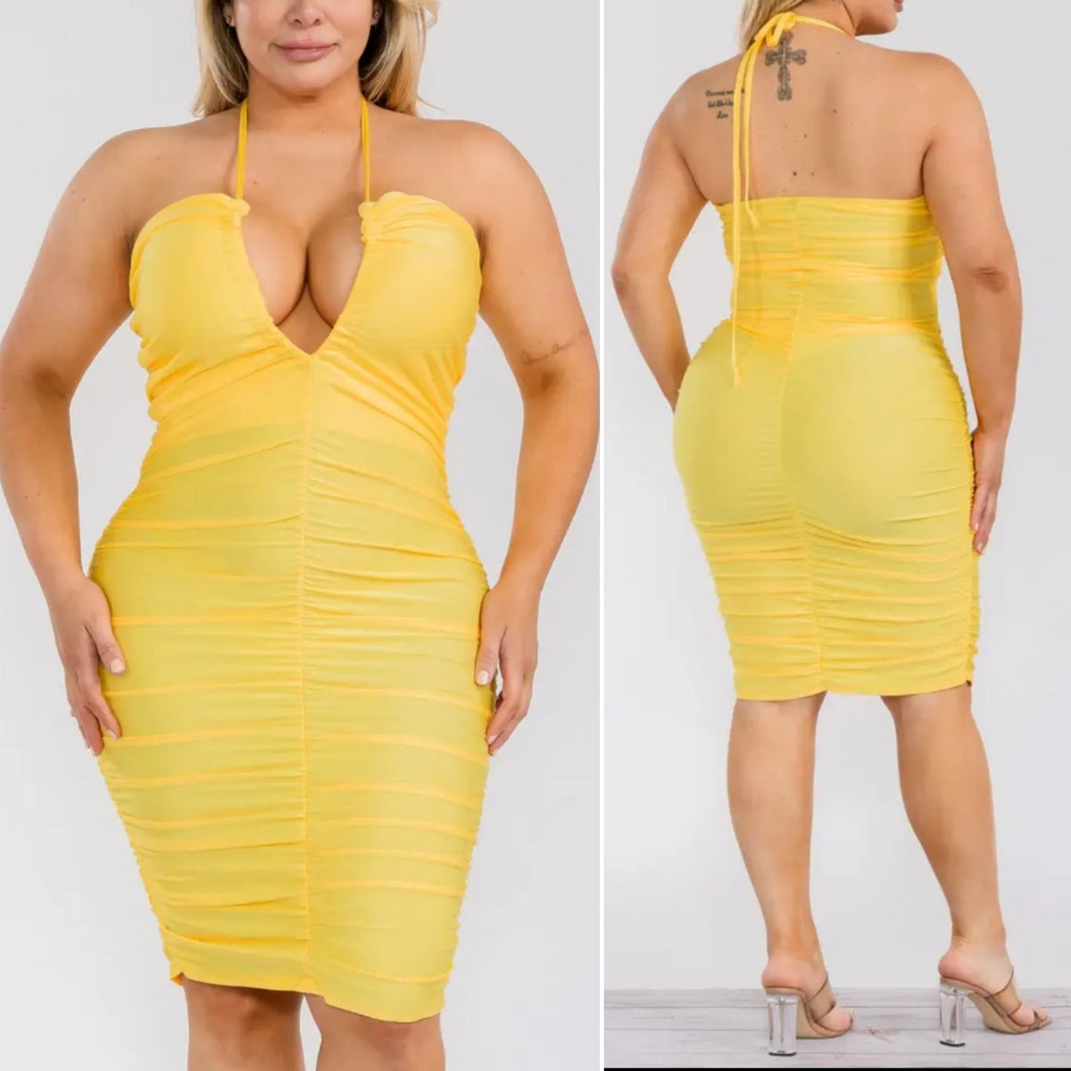 Charisma Flows Fashion yellow ruched halter neck midi dress with a plunging neckline on a model, front and back view.
